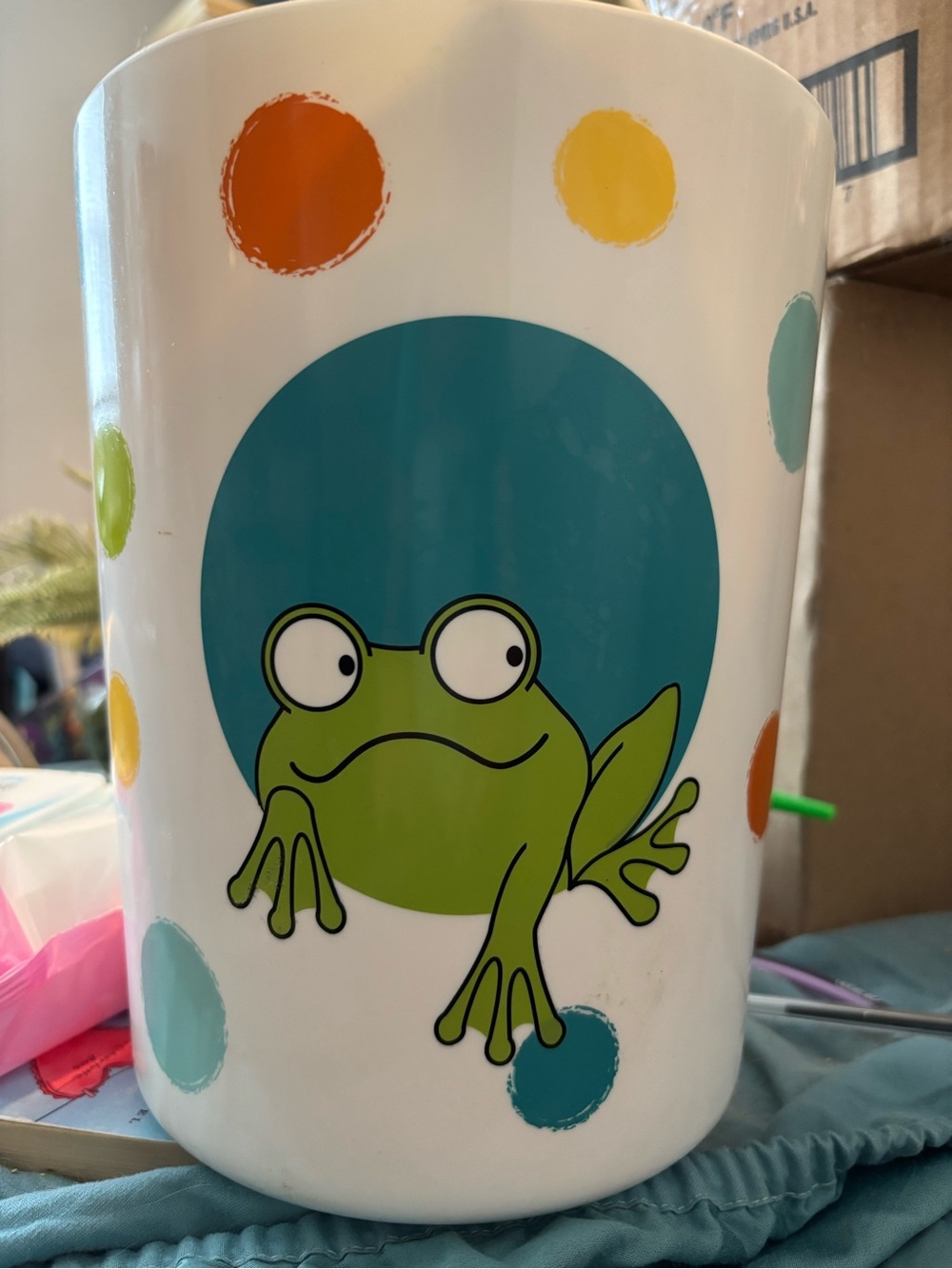 Cute Green Frog Dot Bathroom Set- White with Teal and Multicolor Dots
